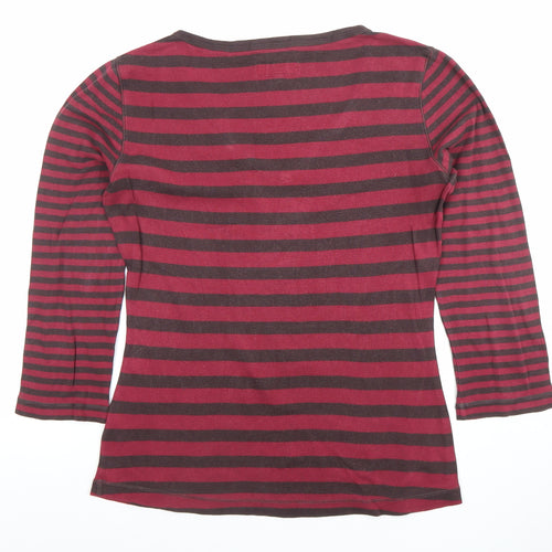 Kew Women's Red Striped 3/4 Sleeve V-Neck Cotton T-Shirt Size L