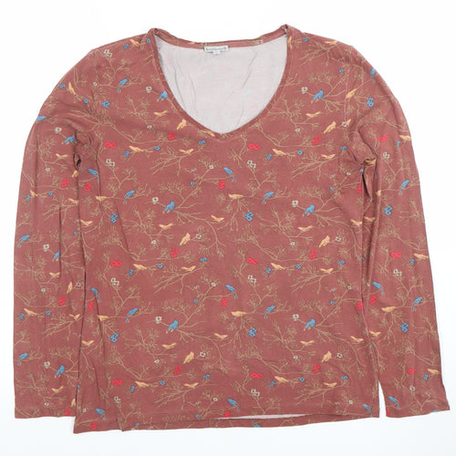Kettlewell Women Brown Floral Bird Print Long Sleeve V-Neck Top Size L