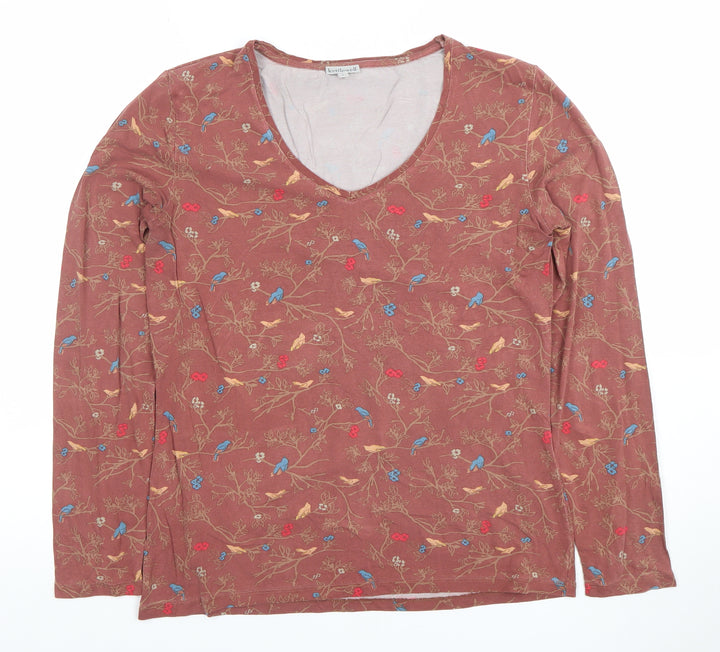 Kettlewell Women Brown Floral Bird Print Long Sleeve V-Neck Top Size L