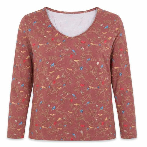 Kettlewell Women Brown Floral Bird Print Long Sleeve V-Neck Top Size L