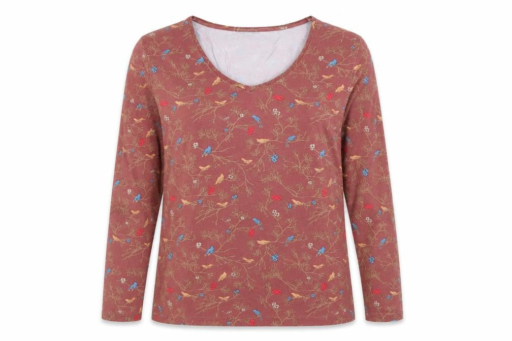 Kettlewell Women Brown Floral Bird Print Long Sleeve V-Neck Top Size L