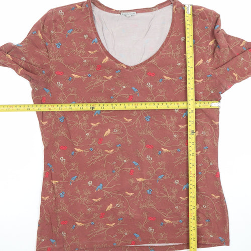 Kettlewell Women Brown Floral Bird Print Long Sleeve V-Neck Top Size L