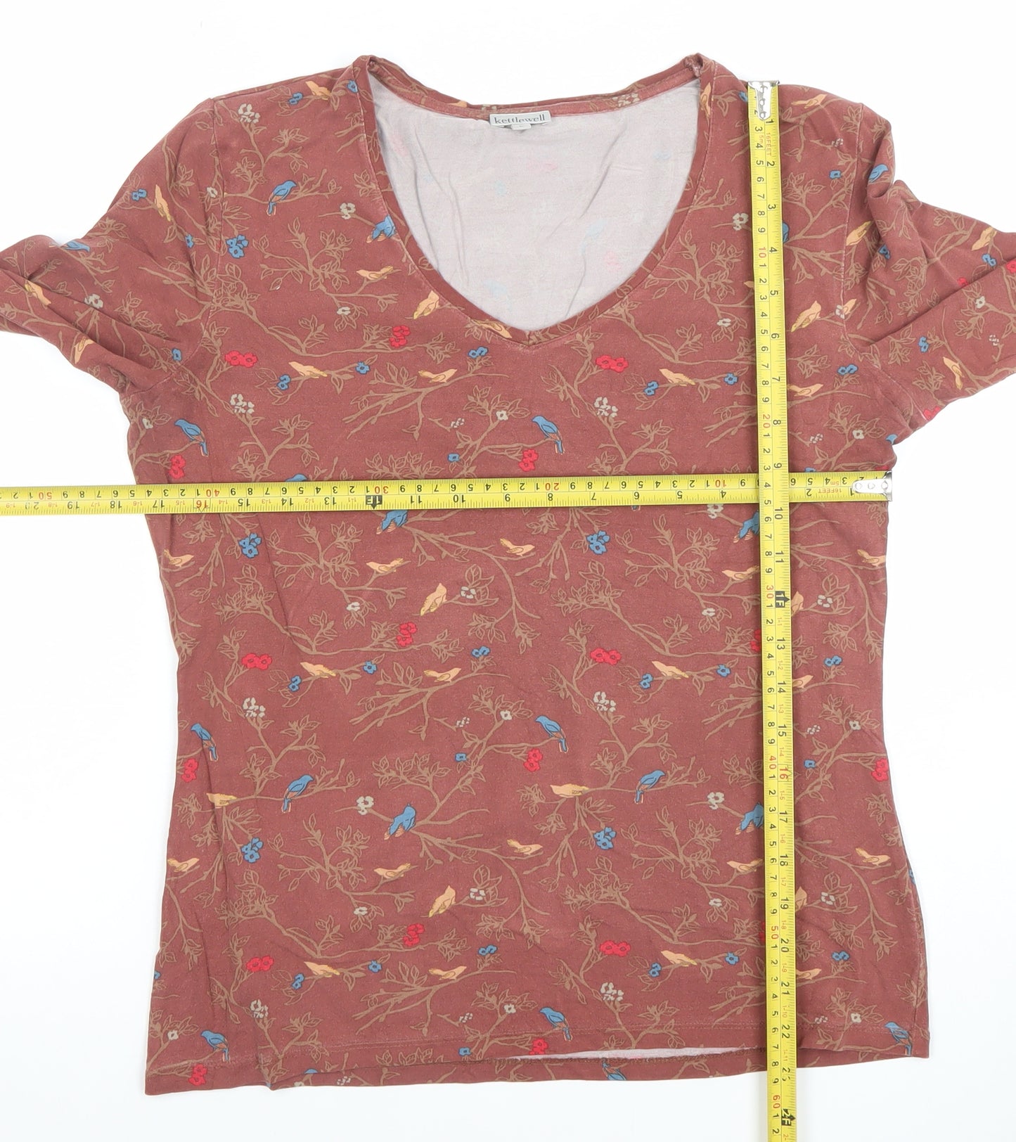 Kettlewell Women Brown Floral Bird Print Long Sleeve V-Neck Top Size L