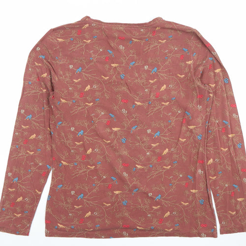 Kettlewell Women Brown Floral Bird Print Long Sleeve V-Neck Top Size L