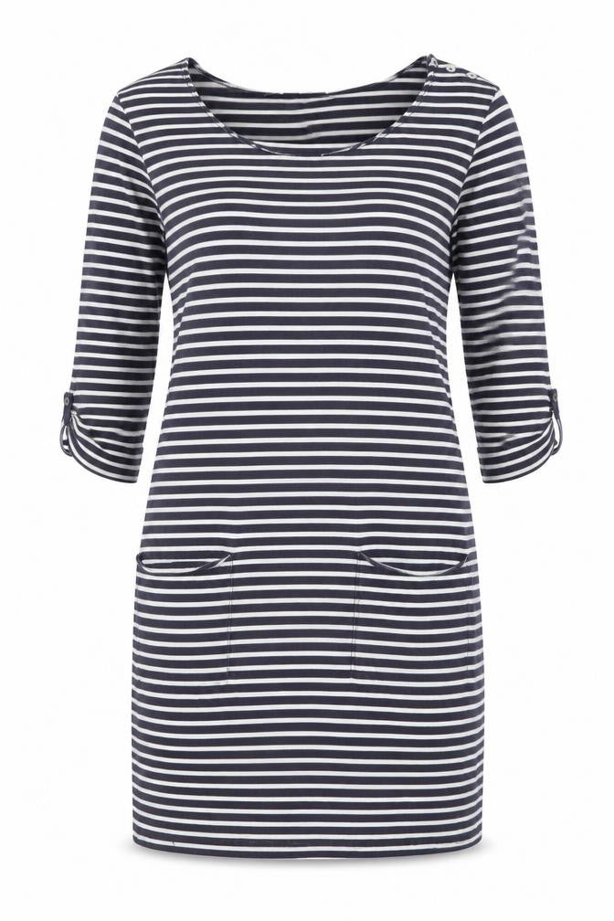 Front view of White Stuff Women Blue Striped Shift Dress, size 8, 3/4 Sleeve