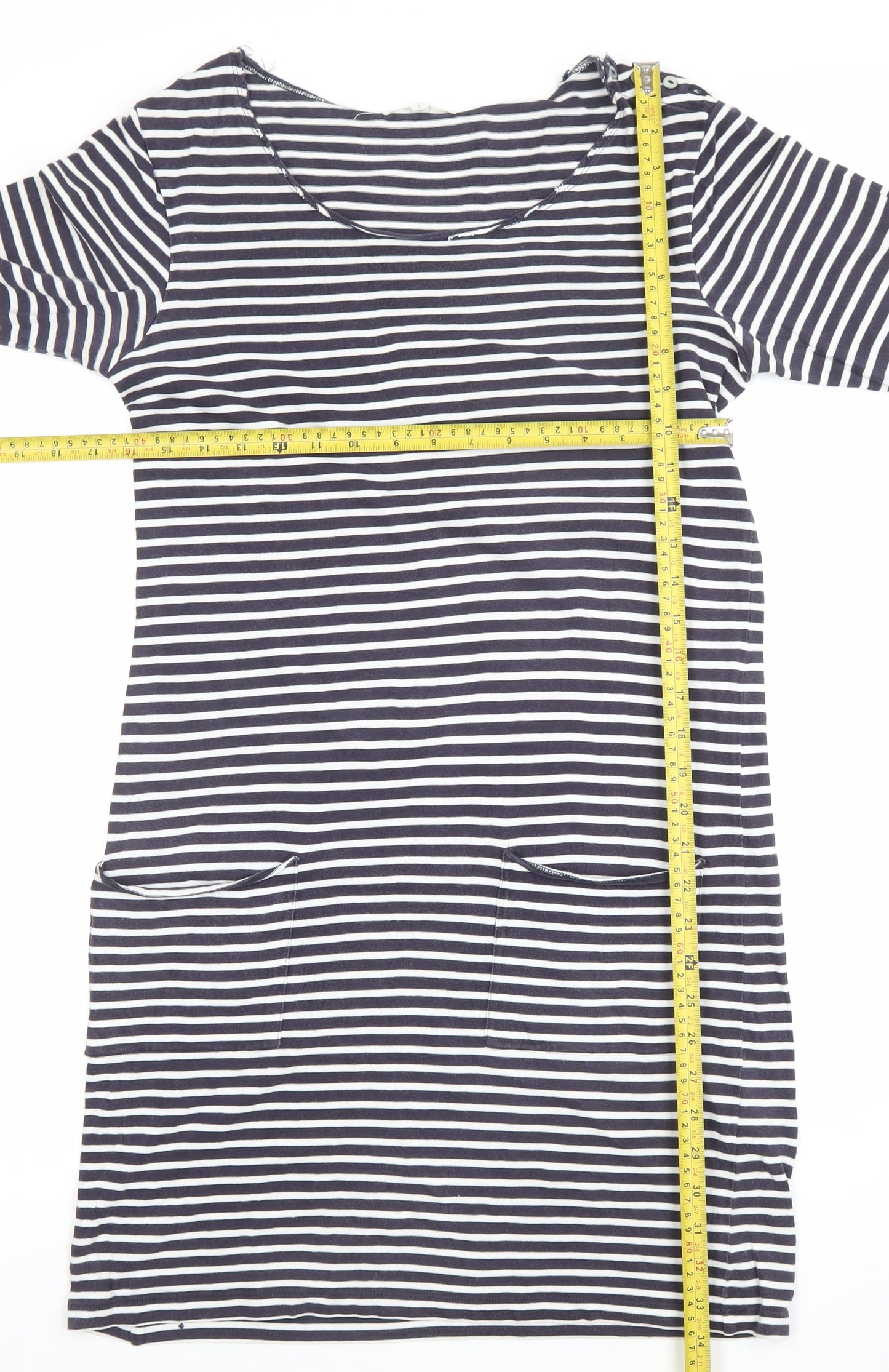 White Stuff Women Blue Striped Shift Dress Size 8 3/4 Sleeve