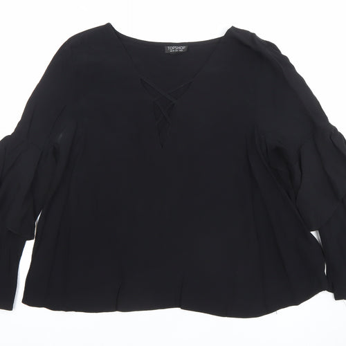 Topshop Womens Black Viscose Tunic Blouse Size 10 Flared Sleeve