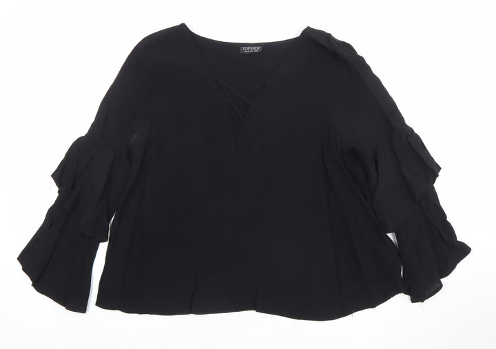 Topshop Womens Black Viscose Tunic Blouse Size 10 Flared Sleeve
