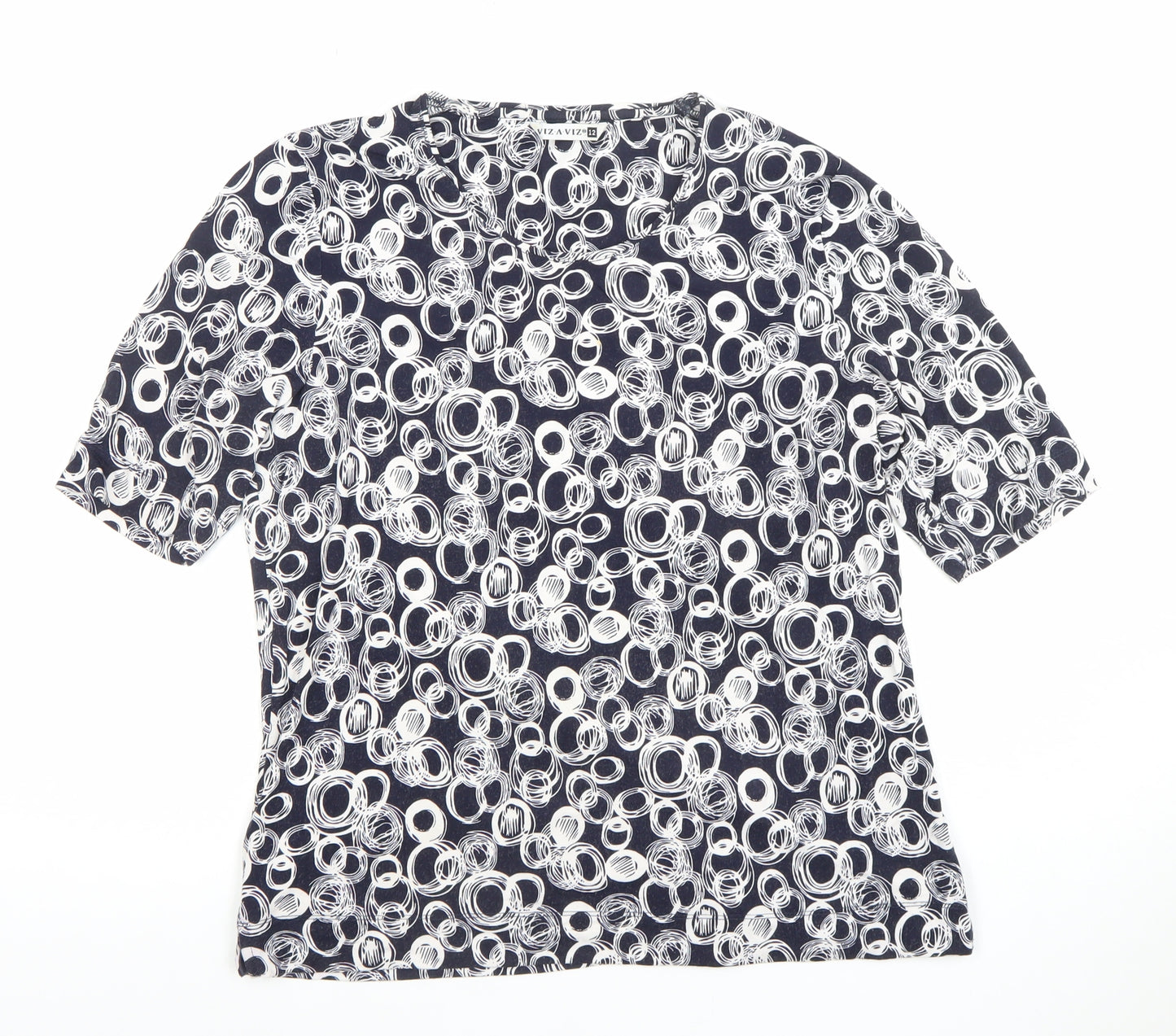 VIZ-A-VIZ Womens Blue Geometric Short Sleeve Stretch Top Size 12