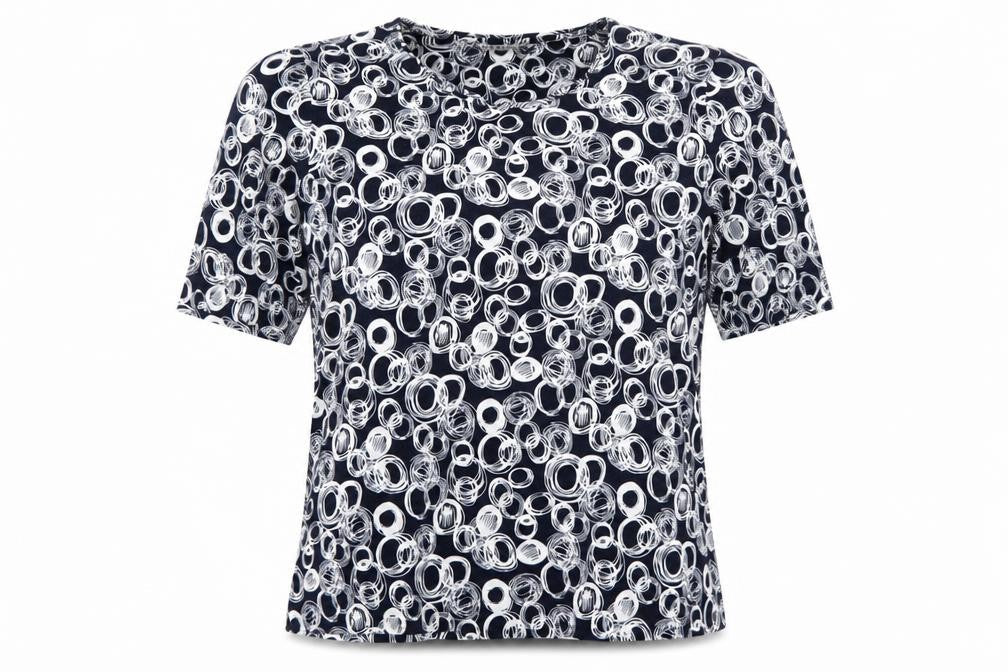 Front view of VIZ-A-VIZ women’s blue geometric short sleeve stretch top, size UK 12