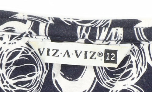 VIZ-A-VIZ Womens Blue Geometric Short Sleeve Stretch Top Size 12