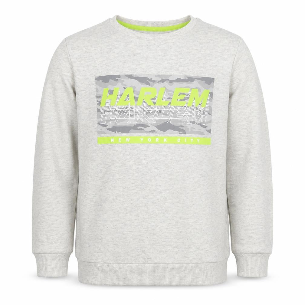 Front view of Primark boys’ beige harlem new york city pullover sweatshirt, size 12, years