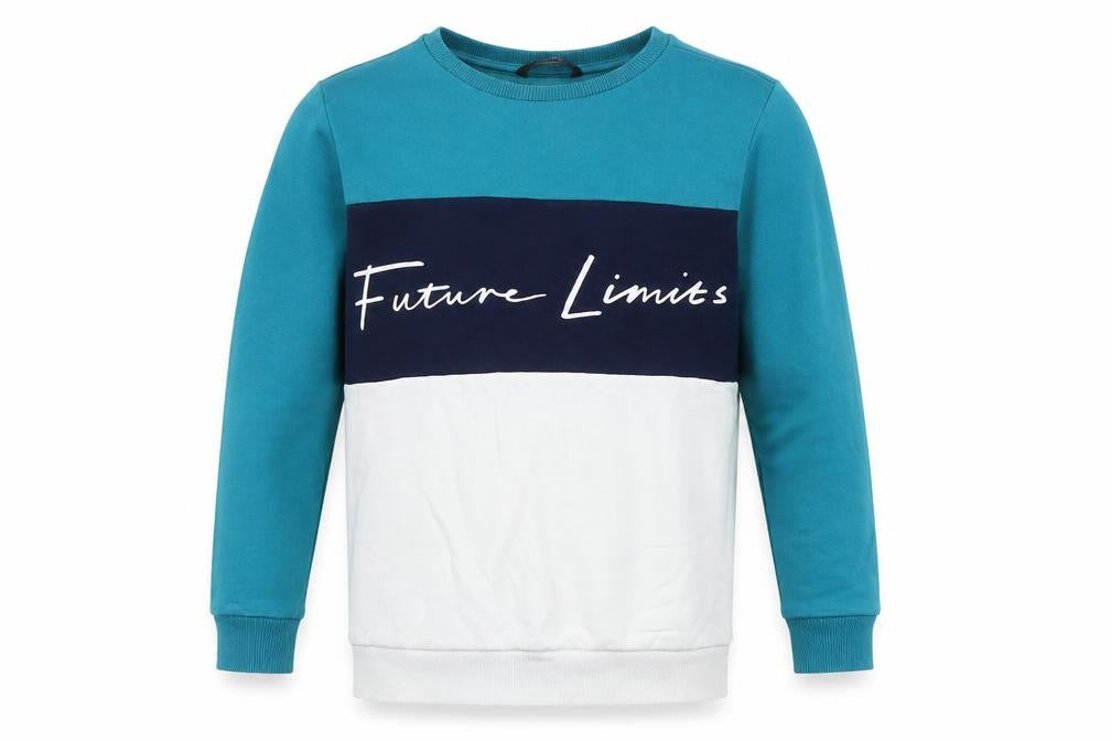 Front view of George boys’ blue colourblock future limits long sleeve sweatshirt 11-12 years