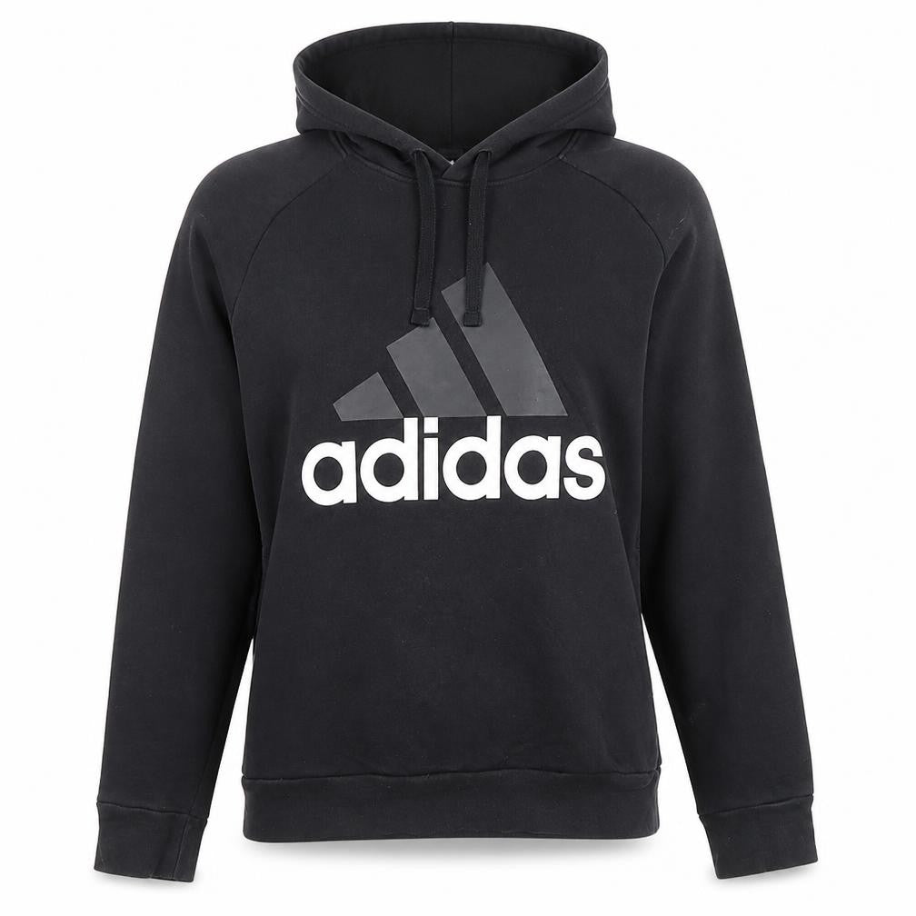 Front view of Adidas women’s black pullover hoodie, size L, cotton blend logo sweatshirt
