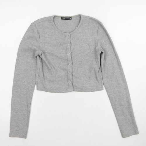 Zara Womens Grey Cropped Button-Up Long Sleeve Top Size S