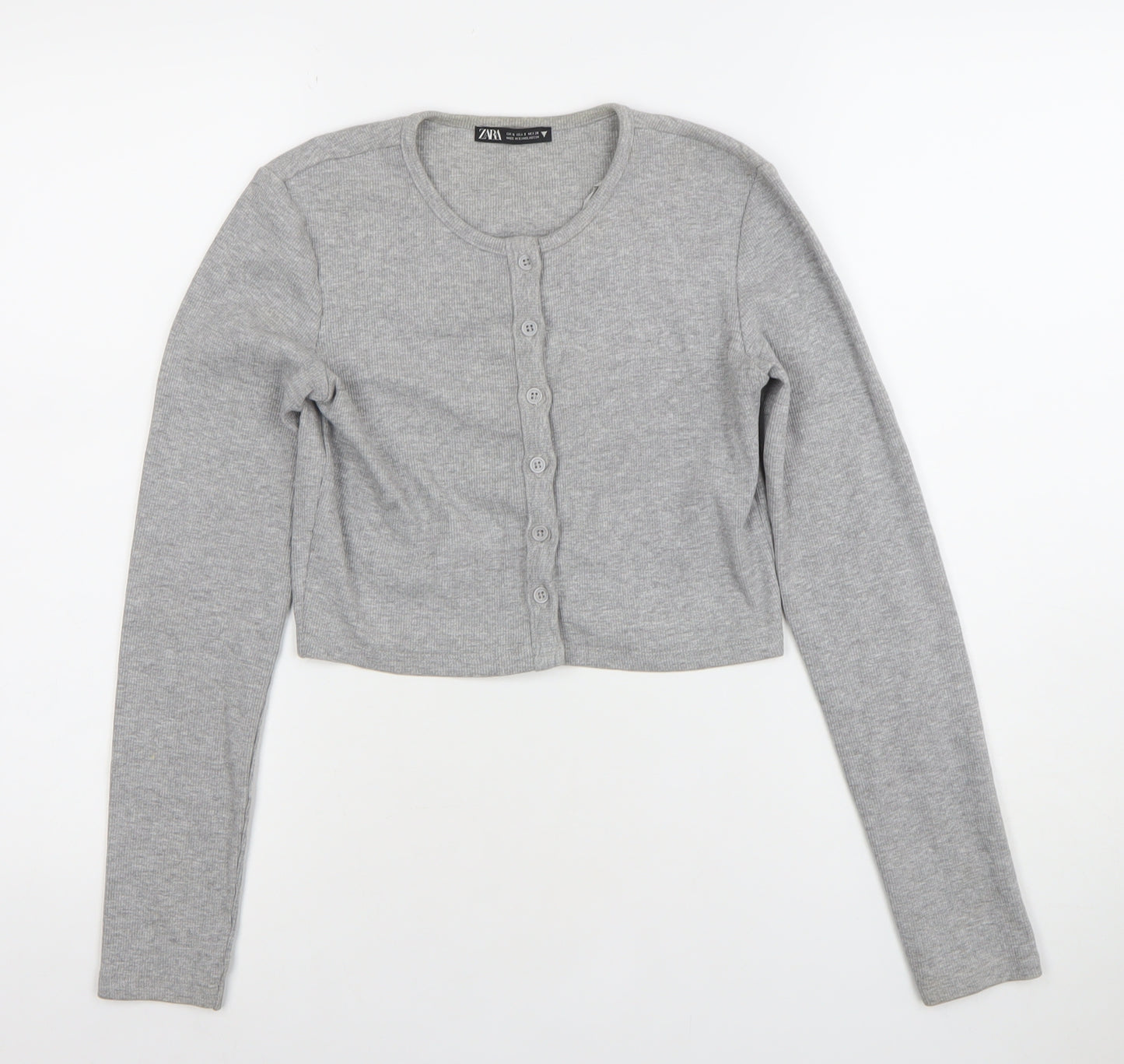 Zara Womens Grey Cropped Button-Up Long Sleeve Top Size S