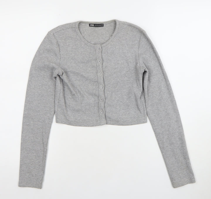 Zara Womens Grey Cropped Button-Up Long Sleeve Top Size S