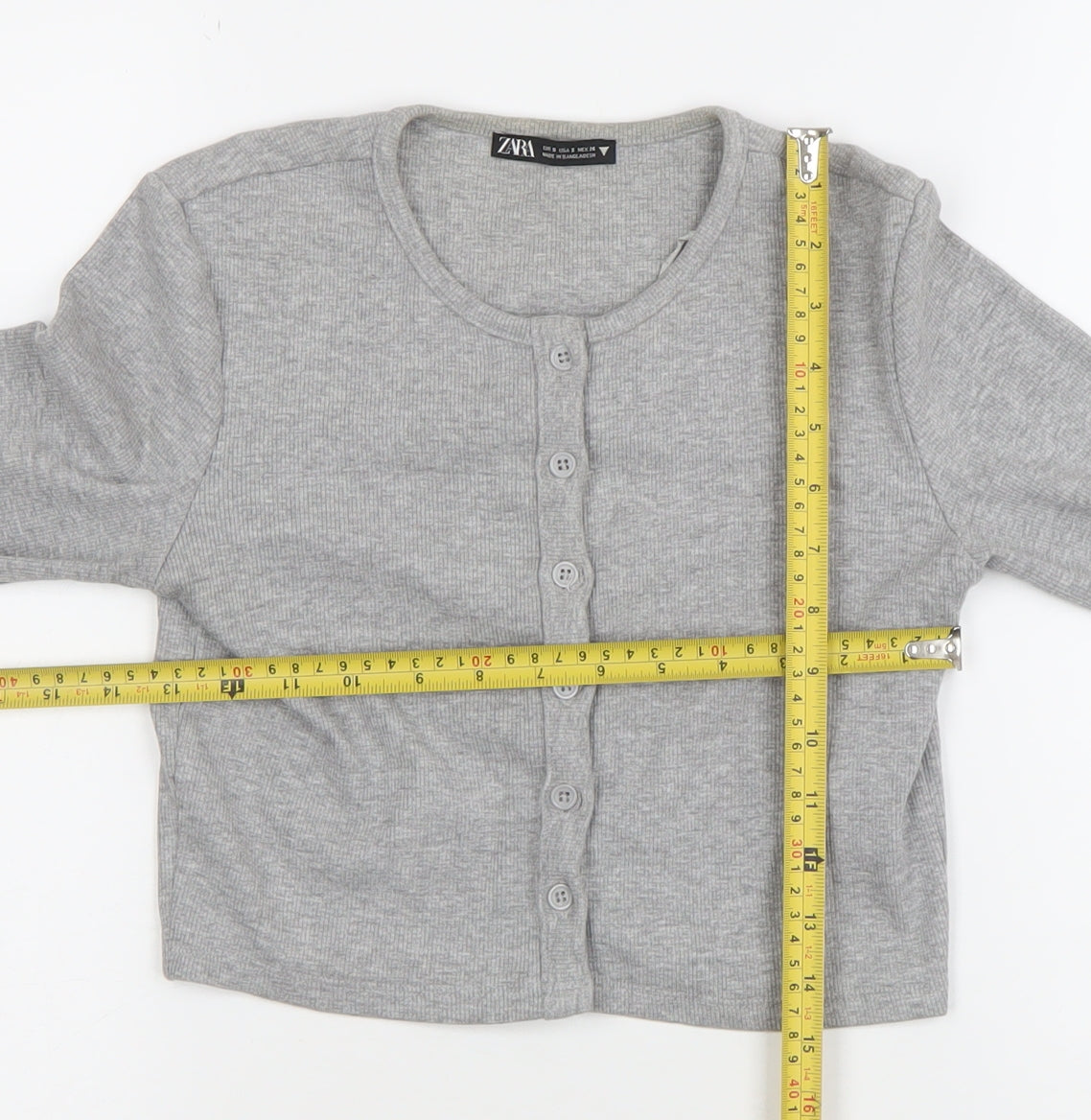 Zara Womens Grey Cropped Button-Up Long Sleeve Top Size S