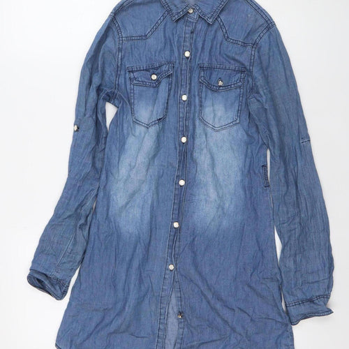 Girl Vivi Women's Blue Denim Shirt Dress S Long Sleeve Casual