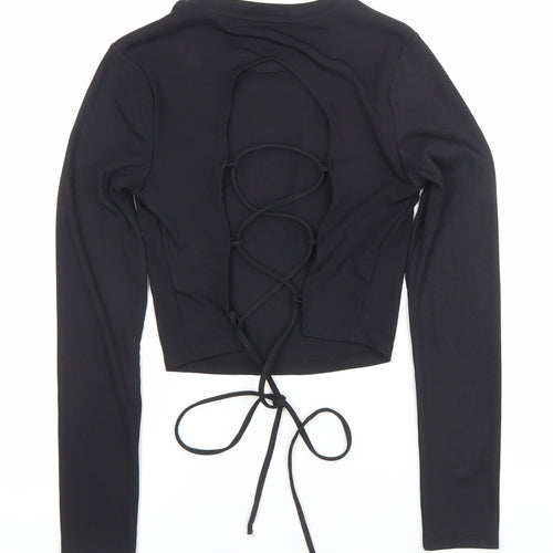 Bershka Women’s Black Cropped Lace Up Long Sleeve Top Size S