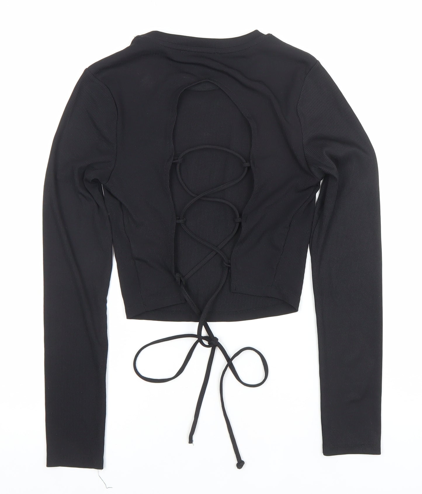 Bershka Women’s Black Cropped Lace Up Long Sleeve Top Size S