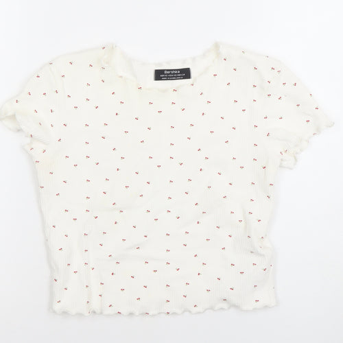 Bershka Womens White Cherry Print Ribbed Short Sleeve T-Shirt XS