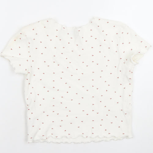 Bershka Womens White Cherry Print Ribbed Short Sleeve T-Shirt XS