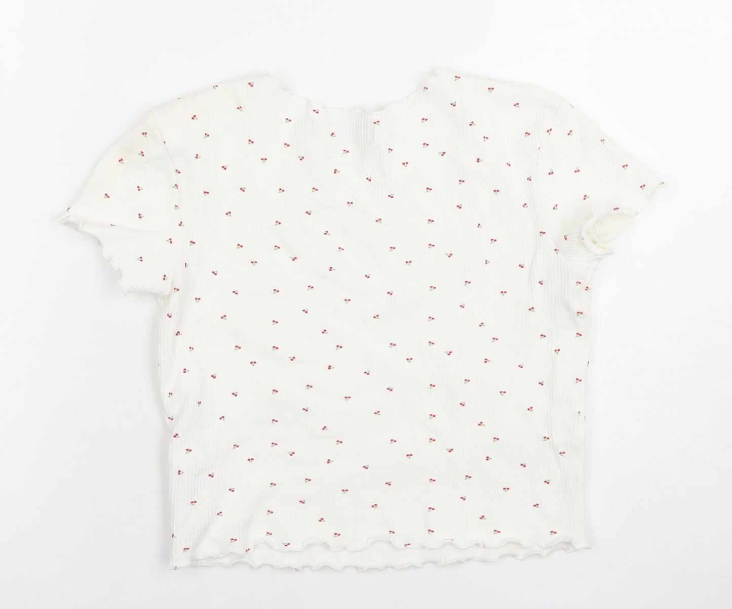 Bershka Womens White Cherry Print Ribbed Short Sleeve T-Shirt XS