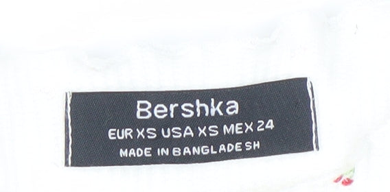 Bershka Womens White Cherry Print Ribbed Short Sleeve T-Shirt XS