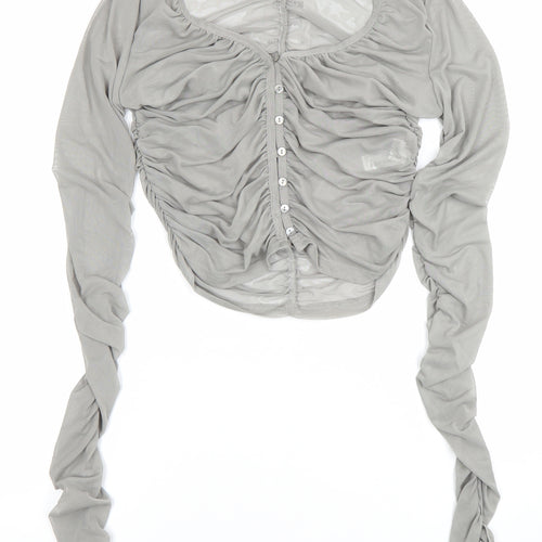 Zara Women Grey Ruched Mesh Long Sleeve Button-Up Top L