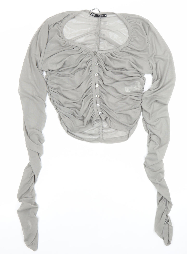 Zara Women Grey Ruched Mesh Long Sleeve Button-Up Top L