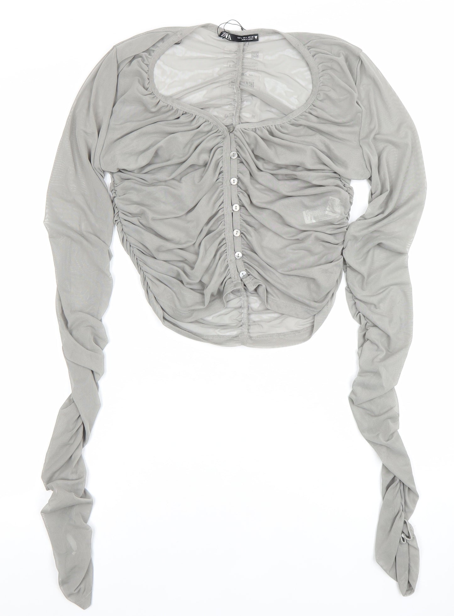 Zara Women Grey Ruched Mesh Long Sleeve Button-Up Top L