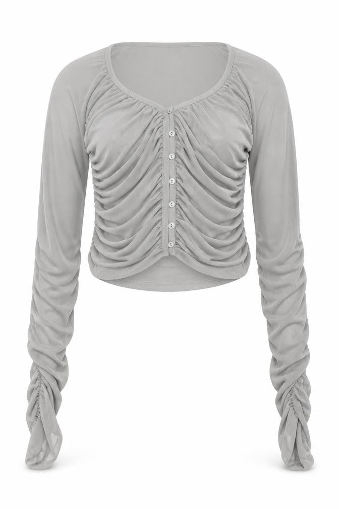 Front view of Zara Women Grey Ruched Mesh Long Sleeve Button-Up Top L