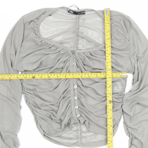 Zara Women Grey Ruched Mesh Long Sleeve Button-Up Top L
