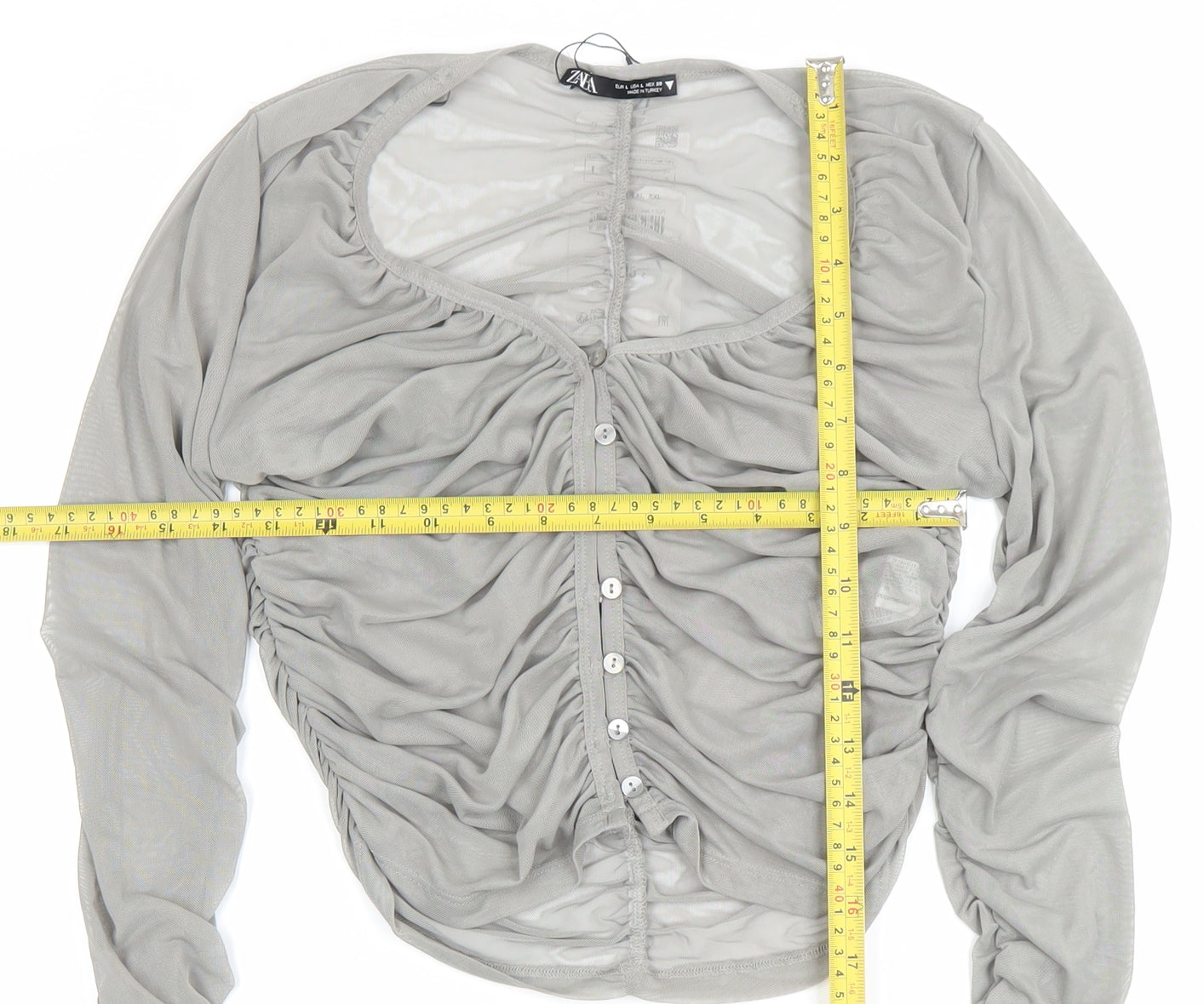 Zara Women Grey Ruched Mesh Long Sleeve Button-Up Top L