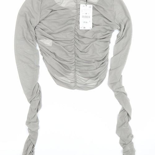 Zara Women Grey Ruched Mesh Long Sleeve Button-Up Top L