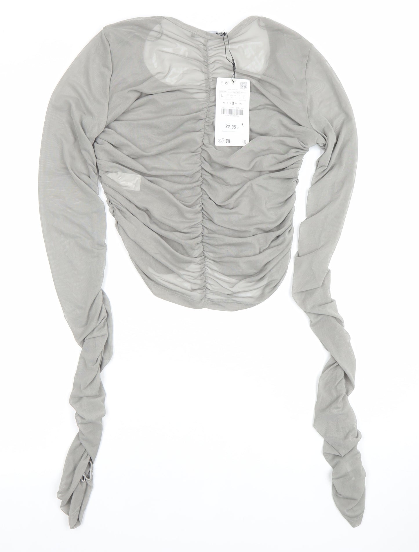 Zara Women Grey Ruched Mesh Long Sleeve Button-Up Top L