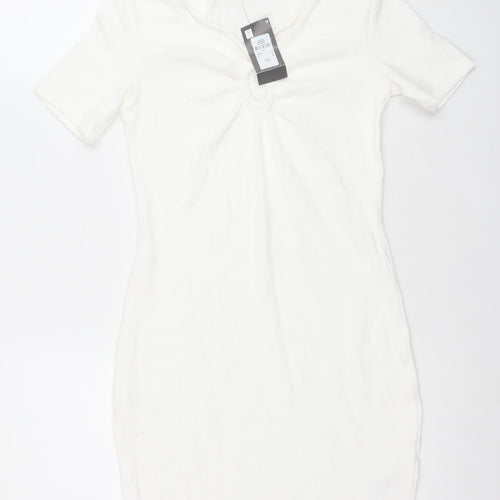 Primark Women’s White Bodycon Ruched Short Sleeve Dress Size 8