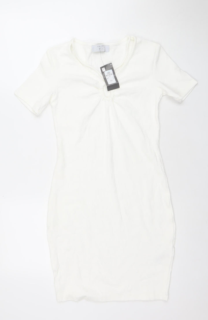 Primark Women’s White Bodycon Ruched Short Sleeve Dress Size 8