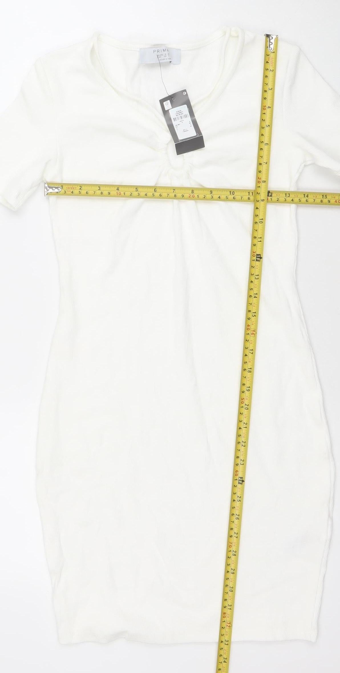 Primark Women’s White Bodycon Ruched Short Sleeve Dress Size 8