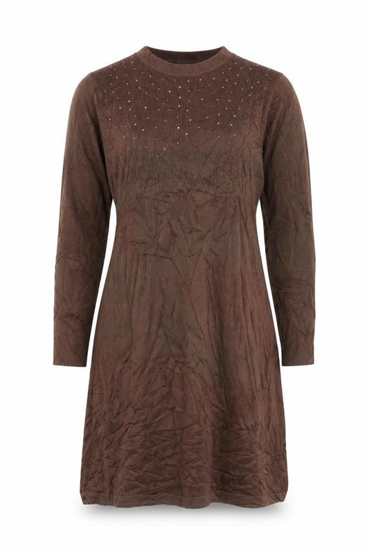 Front view of Blue Hills Women’s Brown Beaded Knit Jumper Dress, size M, Long Sleeve