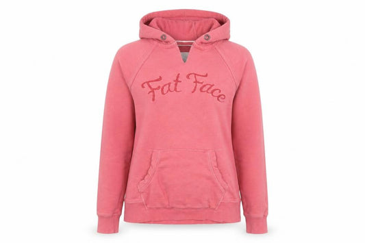 Front view of FatFace women’s pink rose pullover hoodie, size UK 10, cotton blend