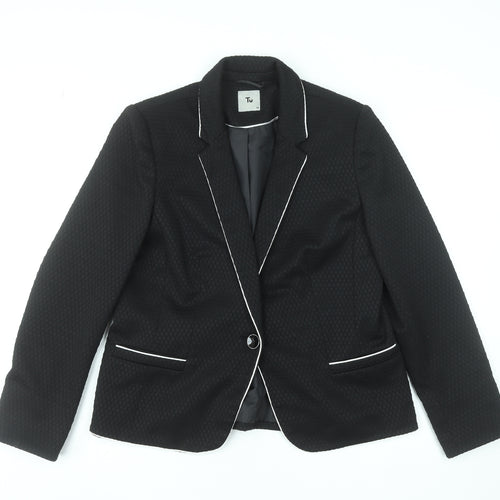 Tu Women Black Textured One-Button Blazer Size 14 Tailored Lined