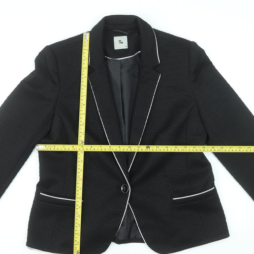 Tu Women Black Textured One-Button Blazer Size 14 Tailored Lined