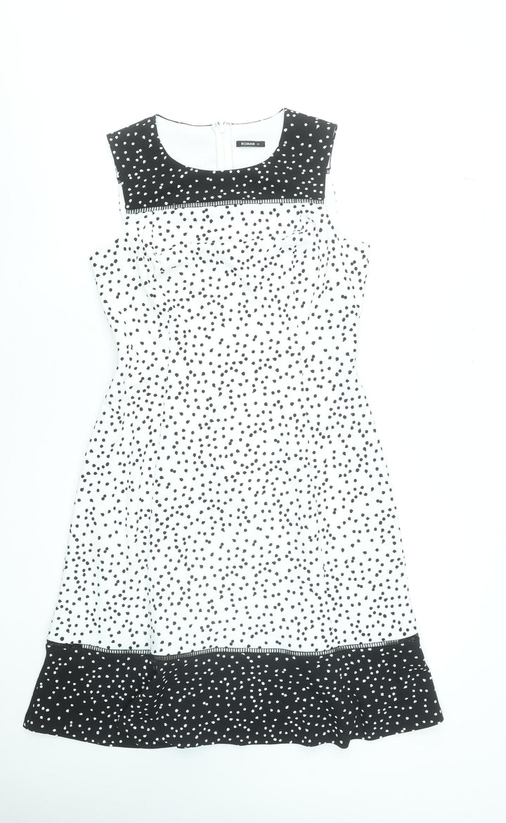 Roman Women Black Polka Dot Fit & Flare Sleeveless Knee Length Dress Size 12
