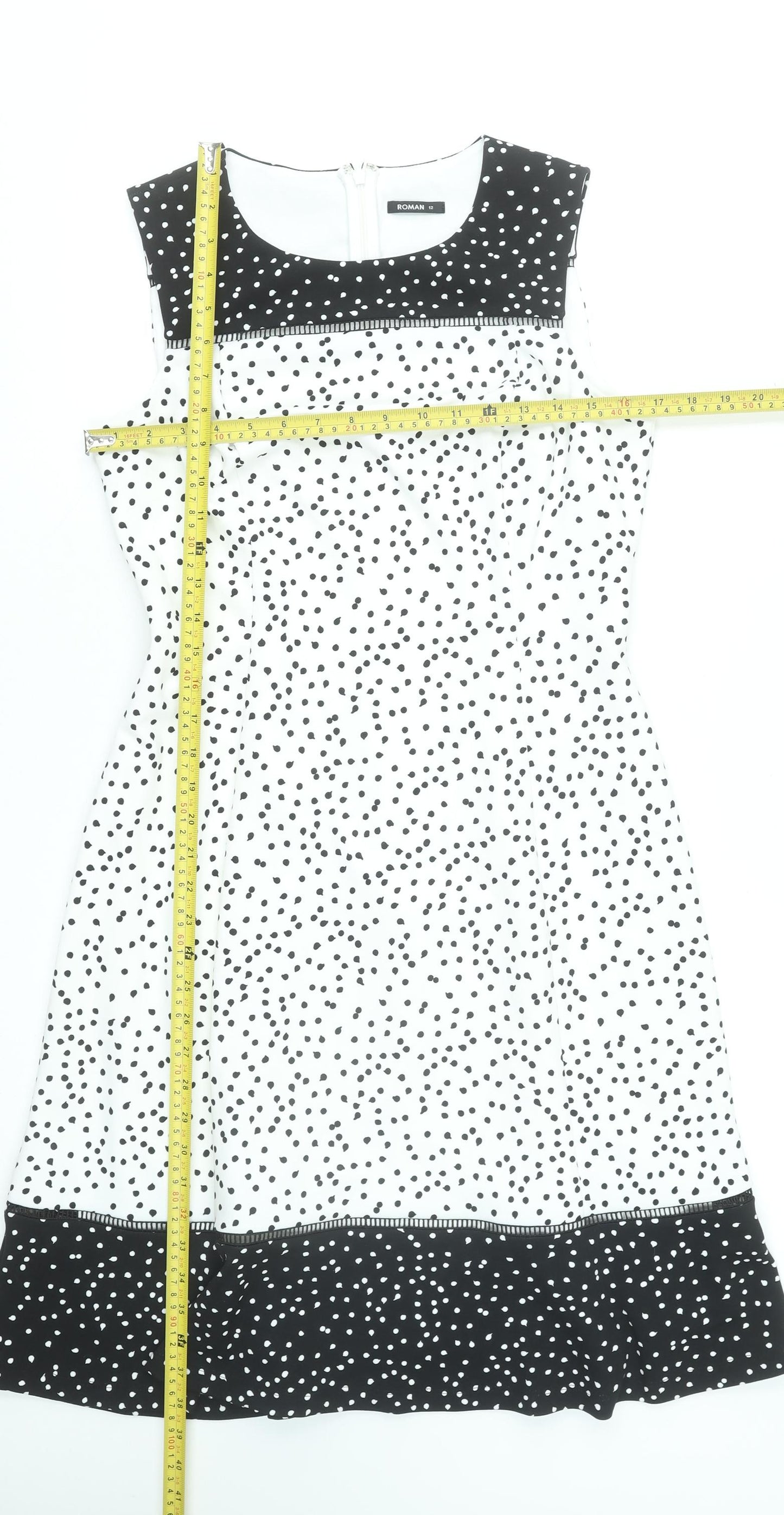 Roman Women Black Polka Dot Fit & Flare Sleeveless Knee Length Dress Size 12