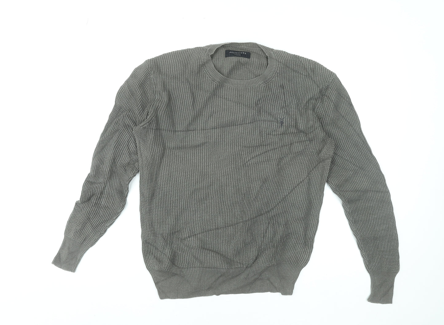 AllSaints Men's Grey Waffle Knit Cotton Pullover Jumper XS