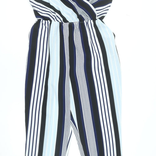 Cameo Rose Womens Black Blue Stripe Jumpsuit Size 12 Sleeveless V-Neck