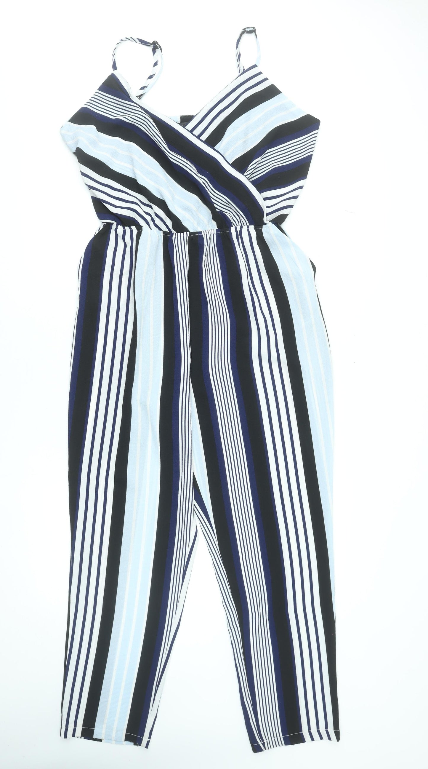 Cameo Rose Womens Black Blue Stripe Jumpsuit Size 12 Sleeveless V-Neck