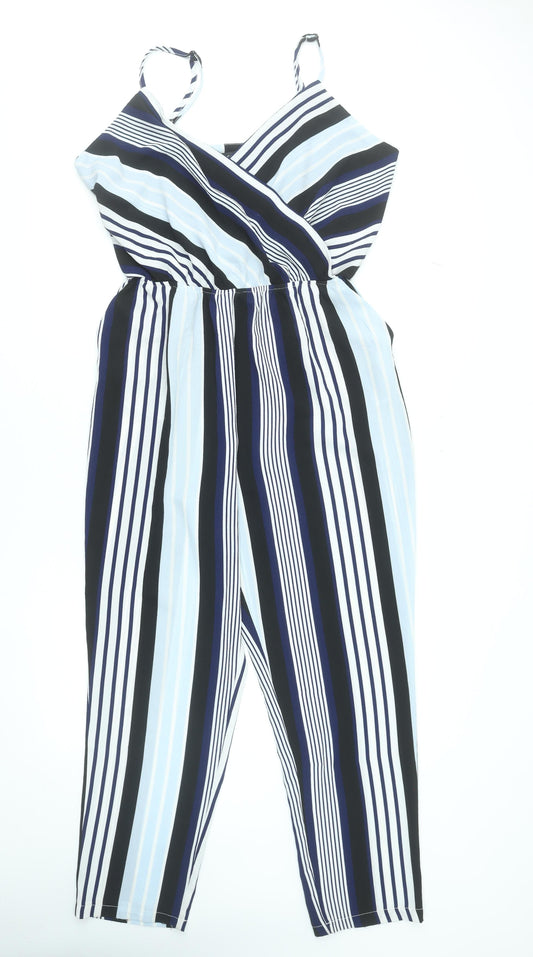Cameo Rose Womens Black Blue Stripe Jumpsuit Size 12 Sleeveless V-Neck